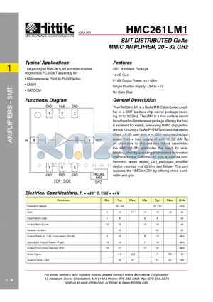 HMC261LM1 datasheet - SMT DISTRIBUTED GaAs MMIC AMPLIFIER, 20 - 32 GHz