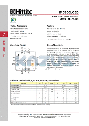 HMC260LC3B datasheet - GaAs MMIC FUNDAMENTAL MIXER, 14 - 26 GHz