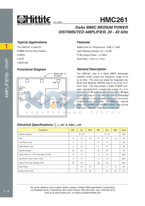 HMC261_00 datasheet - GaAs MMIC MEDIUM POWER DISTRIBUTED AMPLIFIER, 20 - 40 GHz