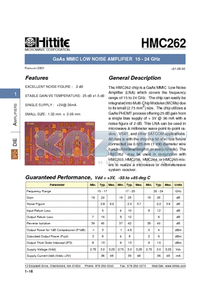 HMC262 datasheet - GaAs MMIC LOW NOISE AMPLIFIER 15 - 24 GHz