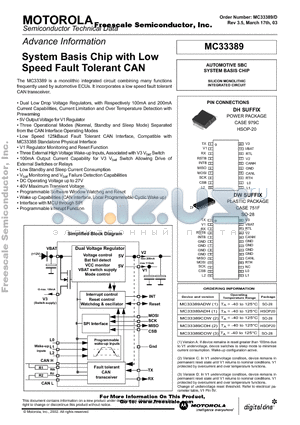 MC33389ADH datasheet - System Basis Chip with Low Speed Fault Tolerant CAN