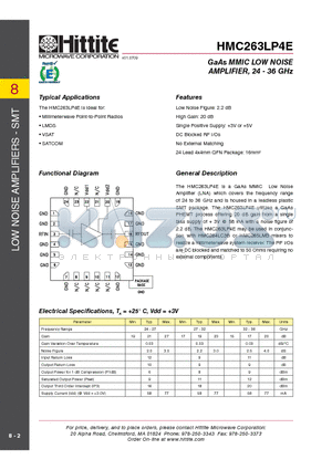 HMC263LP4E datasheet - GaAs MMIC LOW NOISE AMPLIFIER, 24 - 36 GHz