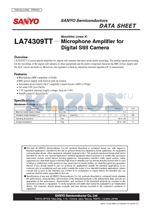 LA74309TT datasheet - Monolithic Linear IC Microphone Amplifier for Digital Still Camera