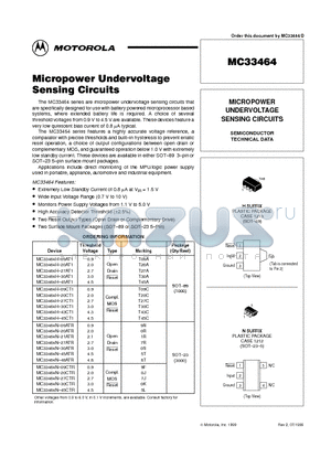 MC33464 datasheet - MICROPOWER UNDERVOLTAGE SENSING CIRCUITS