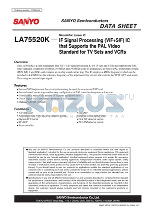 LA75520K datasheet - Monolithic Linear IC IF Signal Processing (VIFSIF) IC that Supports the PAL Video Standard for TV Sets and VCRs