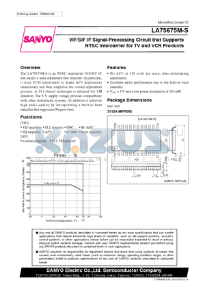 LA75675M-S datasheet - VIF/SIF IF Signal-Processing Circuit that Supports NTSC Intercarrier for TV and VCR Products