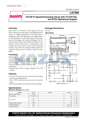 LA7566 datasheet - VIF/SIF IF Signal-Processing Circuit with TV/VCR PAL and NTSC Multisound Support