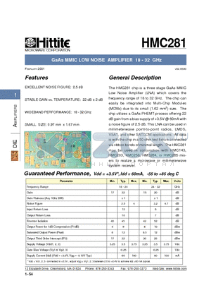 HMC281 datasheet - GaAs MMIC LOW NOISE AMPLIFIER 18 - 32 GHz