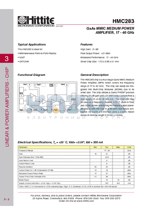 HMC283 datasheet - GaAs MMIC MEDIUM POWER AMPLIFIER, 17 - 40 GHz