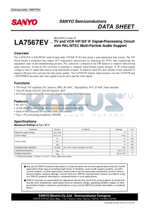 LA7567EV datasheet - TV and VCR VIF/SIF IF Signal-Processing Circuit with PAL/NTSC Multi-Format Audio Support