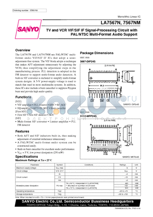 LA7567N datasheet - TV and VCR VIF/SIF IF Signal-Processing Circuit with PAL/NTSC Multi-Format Audio Support
