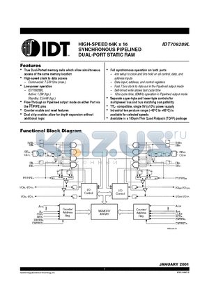 IDT709289L datasheet - HIGH-SPEED 64K x 16 SYNCHRONOUS PIPELINED DUAL-PORT STATIC RAM