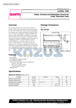 LA7625 datasheet - Video, Chroma and Deflection Circuit for Color Television Sets