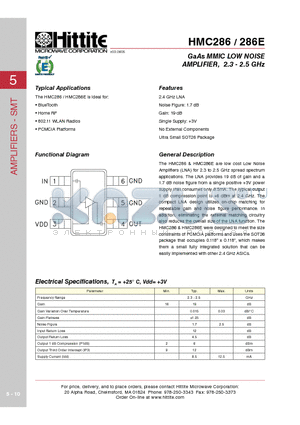 HMC286 datasheet - GaAs MMIC LOW NOISE AMPLIFIER, 2.3 - 2.5 GHz
