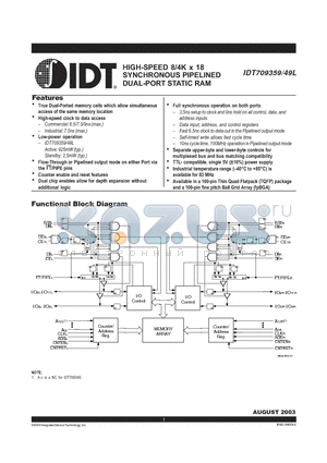 IDT709359L6BF datasheet - HIGH-SPEED 8/4K x 18 SYNCHRONOUS PIPELINED DUAL-PORT STATIC RAM