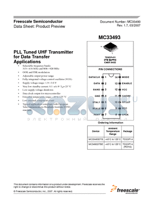 MC33493 datasheet - PLL Tuned UHF Transmitter for Data Transfer