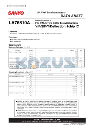 LA76810A datasheet - Monolithic Linear IC For PAL/NTSC Color Television Sets VIF/SIF/Y/Deflection 1chip IC