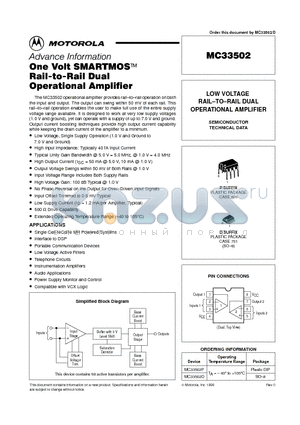 MC33502P datasheet - LOW VOLTAGE RAIL-TO-RAIL DUAL OPERATIONAL AMPLIFIER