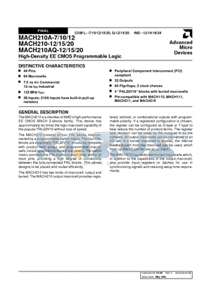 MACH210-20 datasheet - High-Density EE CMOS Programmable Logic