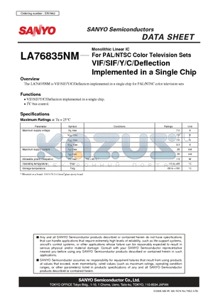 LA76835NM_07 datasheet - Monolithic Linear IC For PAL/NTSC Color Television Sets VIF/SIF/Y/C/Deflection Implemented in a Single Chip