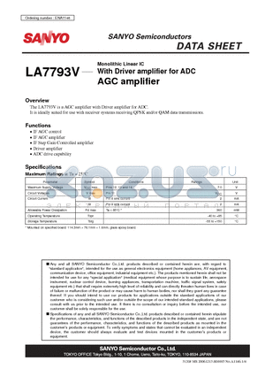 LA7793V datasheet - With Driver amplifier for ADC AGC amplifier