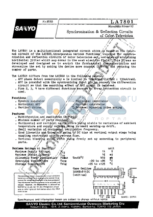 LA7801 datasheet - Synchronization & Deflection Circuits of Color Televsion