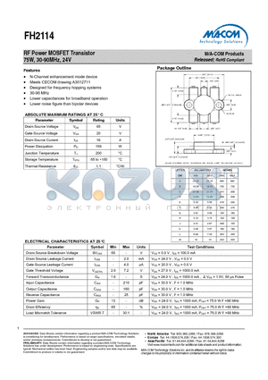 FH2114 datasheet - RF Power MOSFET Transistor 75W, 30-90MHz, 24V