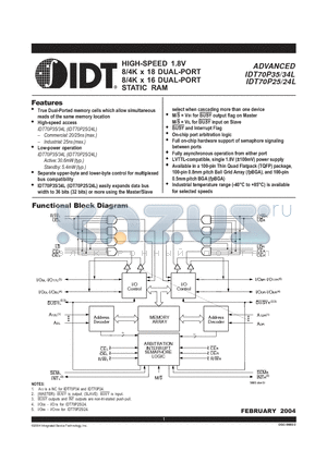 IDT70P24 datasheet - HIGH-SPEED 1.8V 8/4K x 18 DUAL-PORT, 8/4K x 16 DUAL-PORT STATIC RAM
