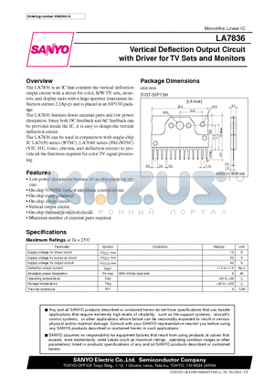 LA7836 datasheet - Vertical Deflection Output Circuit with Driver for TV Sets and Monitors