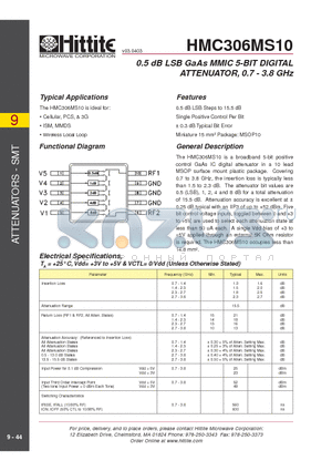 HMC306MS10 datasheet - 0.5 dB LSB GaAs MMIC 5-BIT DIGITAL ATTENUATOR, 0.7 - 3.8 GHz