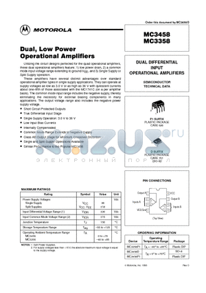 MC3358P1 datasheet - DUAL DIFFERENTIAL INPUT OPERATIONAL AMPLIFIERS