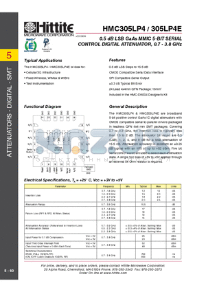 HMC305LP4E datasheet - 0.5 dB LSB GaAs MMIC 5-BIT SERIAL CONTROL DIGITAL ATTENUATOR, 0.7 - 3.8 GHz