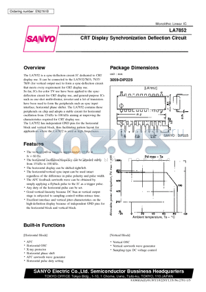 LA7852 datasheet - CRT Display Synchronization Deflection Circuit