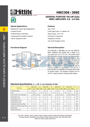 HMC308_09 datasheet - GENERAL PURPOSE 100 mW GaAs MMIC AMPLIFIER, 0.8 - 3.8 GHz