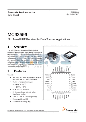 MC33596FJAER2 datasheet - PLL Tuned UHF Receiver for Data Transfer Applications