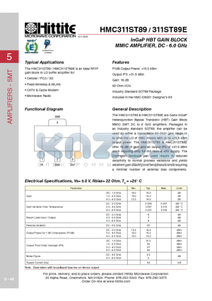 HMC311ST89 datasheet - InGaP HBT GAIN BLOCK MMIC AMPLIFIER, DC - 6.0 GHz