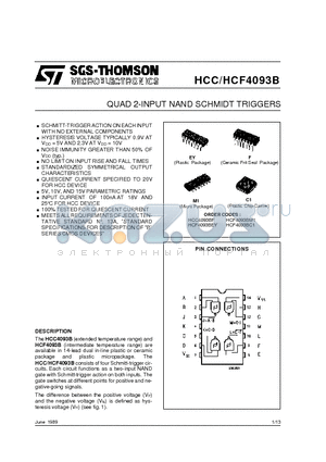 HCC4093BF datasheet - QUAD 2-INPUT NAND SCHMIDT TRIGGERS