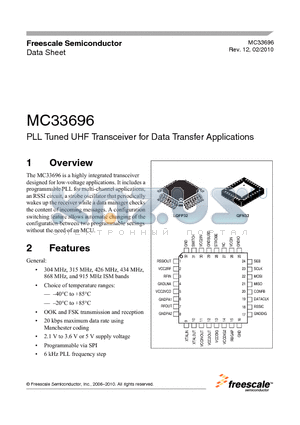 MC33696FJE/R2 datasheet - PLL Tuned UHF Transceiver for Data Transfer Applications