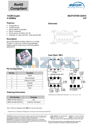 MACP-007490-CA00TB datasheet - 10.5dB Coupler 5-1000MHz