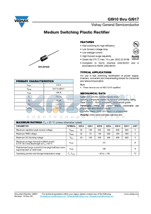 GI910 datasheet - Medium Switching Plastic Rectifier