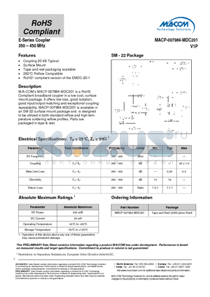 MACP-007984-MDC201 datasheet - E-Series Coupler 350 - 450 MHz