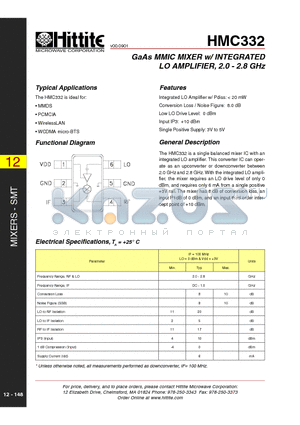 HMC332 datasheet - GaAs MMIC MIXER w/ INTEGRATED LO AMPLIFIER, 2.0 - 2.8 GHz