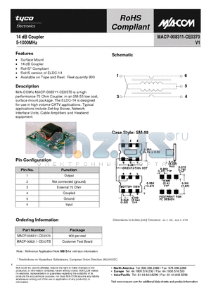 MACP-008311-CE0370 datasheet - 14 dB Coupler 5-1000MHz