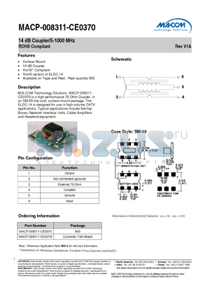 MACP-008311-CE03TB datasheet - 14 dB Coupler/5-1000 MHz ROHS Compliant