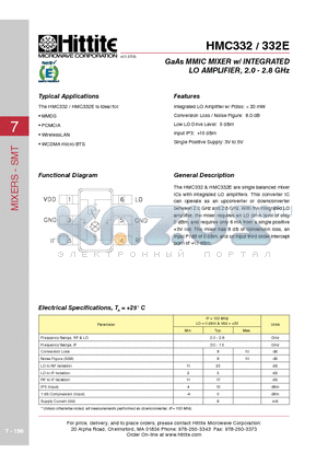 HMC332 datasheet - GaAs MMIC MIXER w/ INTEGRATED LO AMPLIFIER, 2.0 - 2.8 GHz