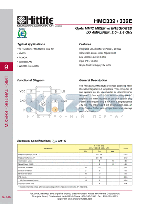 HMC332 datasheet - GaAs MMIC MIXER w/ INTEGRATED LO AMPLIFIER, 2.0 - 2.8 GHz