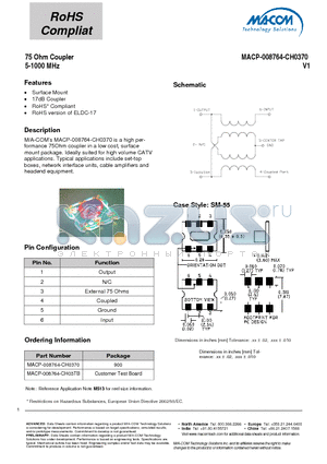 MACP-008764-CH03TB datasheet - 75 Ohm Coupler 5-1000 MHz