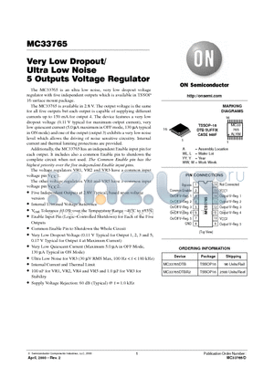 MC33765DTBR2 datasheet - Very Low Dropout/Ultra Low Noise 5 Outputs Voltage Regulator