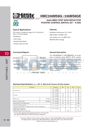 HMC336MS8GE datasheet - GaAs MMIC SPDT NON-REFLECTIVE POSITIVE CONTROL SWITCH, DC* - 6 GHz
