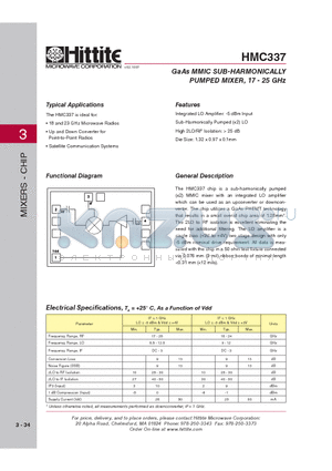 HMC337 datasheet - GaAs MMIC SUB-HARMONICALLY PUMPED MIXER, 17 - 25 GHz